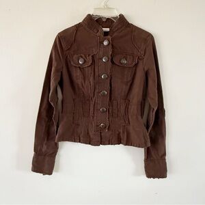 Vintage Y2K Chocolate Brown Cotton Military Jacket Small Woodland Grunge Crunchy